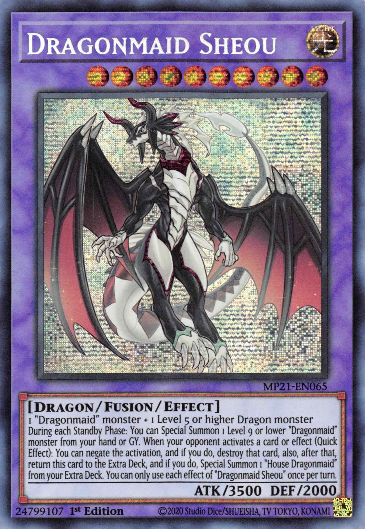1st Edition, 2021 Tin of Ancient Battles, Dragon, Fusion/Effect Monster, Light, Prismatic Secret Rare Dragonmaid Sheou [MP21-EN065] Prismatic Secret Rare - Trading Card World