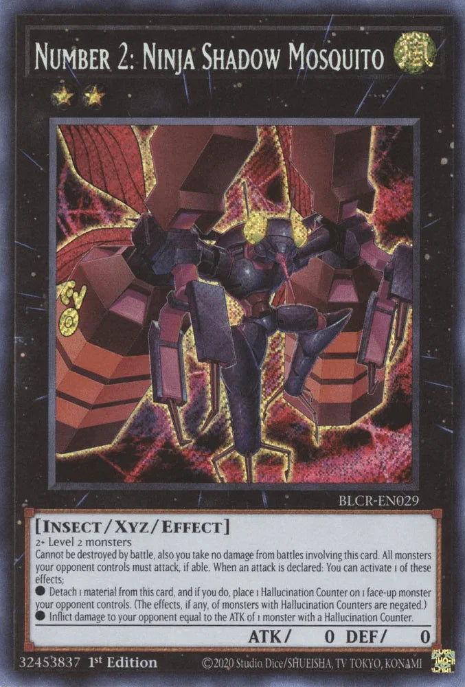 1st Edition, Battles of Legend: Crystal Revenge, Insect, Secret Rare, Wind, Xyz/Effect Monster Number 2: Ninja Shadow Mosquito [BLCR-EN029] Secret Rare - Trading Card World