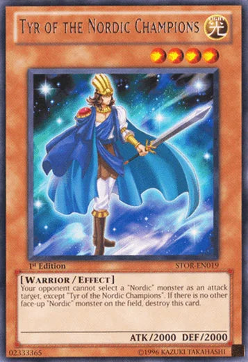 1st Edition, Effect Monster, Light, Rare, Storm of Ragnarok, Unlimited, Warrior Tyr of the Nordic Champions [STOR-EN019] Rare - Trading Card World