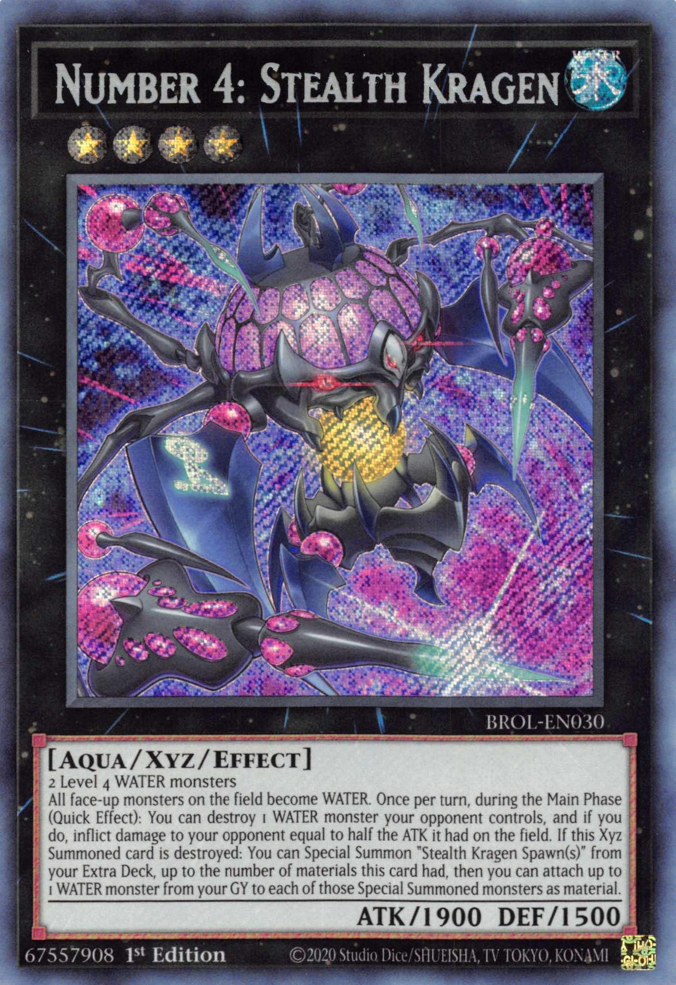 1st Edition, Aqua, Brothers of Legend, Secret Rare, Water, Xyz/Effect Monster Number 4: Stealth Kragen [BROL-EN030] Secret Rare - Trading Card World
