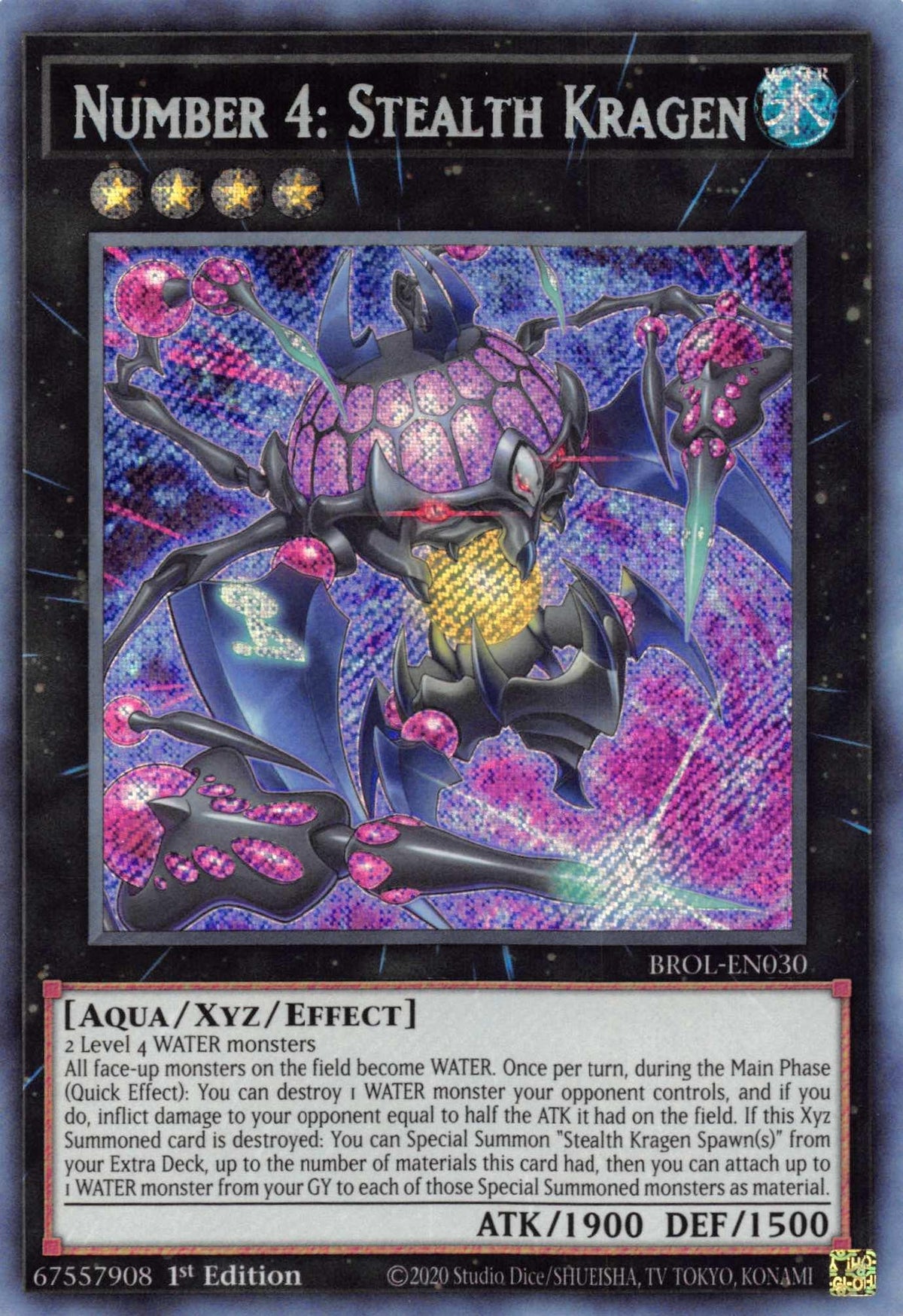 1st Edition, Aqua, Brothers of Legend, Secret Rare, Water, Xyz/Effect Monster Number 4: Stealth Kragen [BROL-EN030] Secret Rare - Trading Card World
