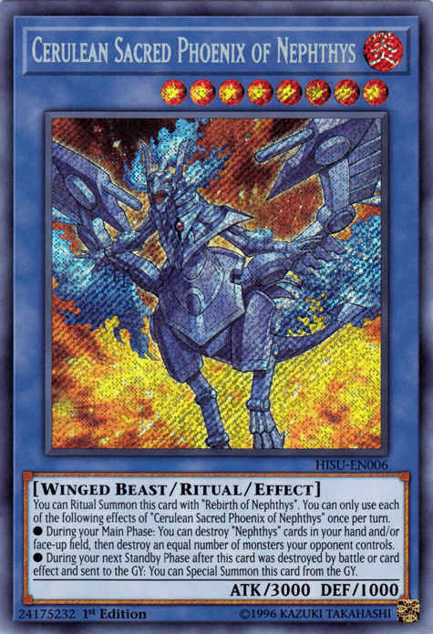 1st Edition, Fire, Hidden Summoners, Ritual/Effect Monster, Secret Rare, Winged Beast Cerulean Sacred Phoenix of Nephthys [HISU-EN006] Secret Rare - Trading Card World