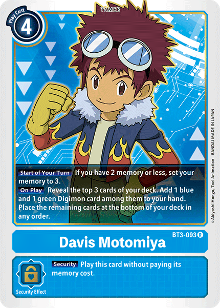 Blue, BT3-093, Rare, Release Special Booster Ver.1.5, Tamer Davis Motomiya [BT3-093] [Release Special Booster Ver.1.5] - Trading Card World
