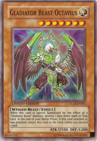Effect Monster, Light, Limited, Sneak Preview Series 3, Super Rare, Winged Beast Gladiator Beast Octavius [GLAS-ENSP1] Super Rare - Trading Card World