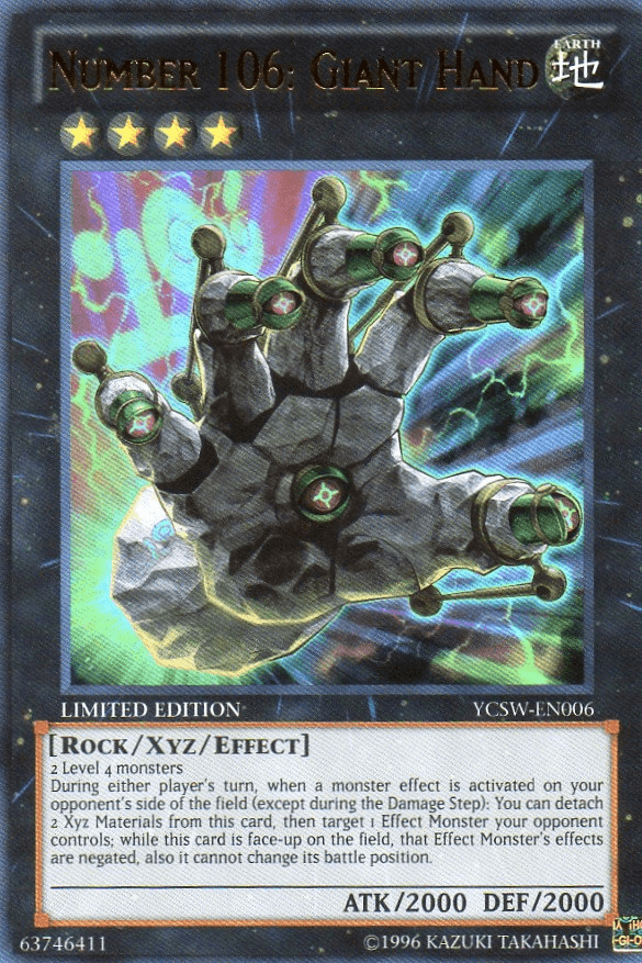 Earth, Limited, Rock, Ultra Rare, Xyz/Effect Monster, Yu-Gi-Oh! Championship Series Prize Cards Number 106: Giant Hand [YCSW-EN006] Ultra Rare - Trading Card World