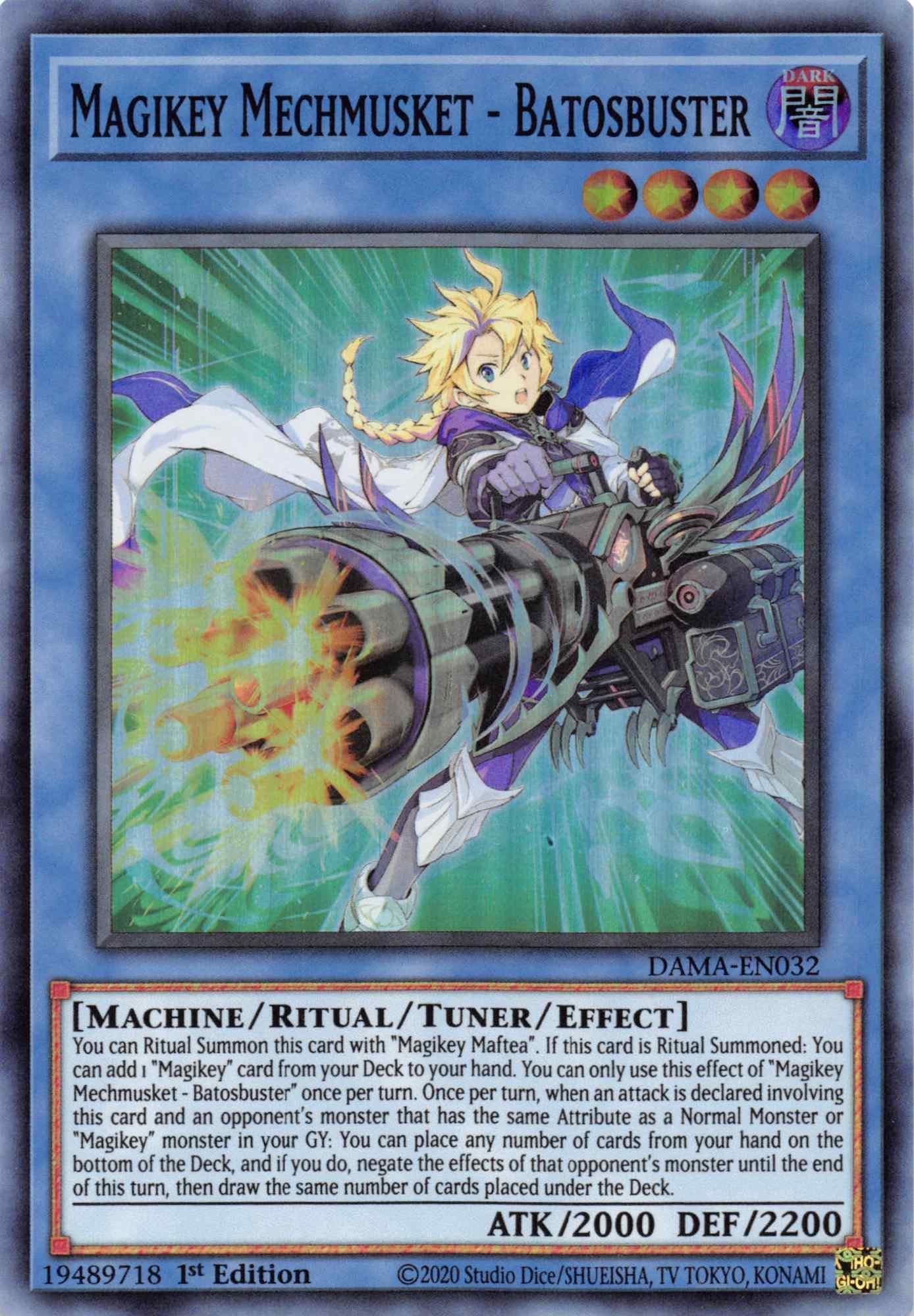 1st Edition, Dark, Dawn of Majesty, Machine, Ritual/Tuner/Effect Monster, Super Rare Magikey Mechmusket - Batosbuster [DAMA-EN032] Super Rare - Trading Card World