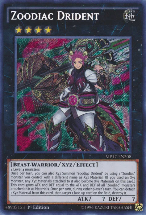 1st Edition, 2017 Mega-Tins Mega Pack, Beast-Warrior, Earth, Secret Rare, Xyz/Effect Monster Zoodiac Drident [MP17-EN208] Secret Rare - Trading Card World