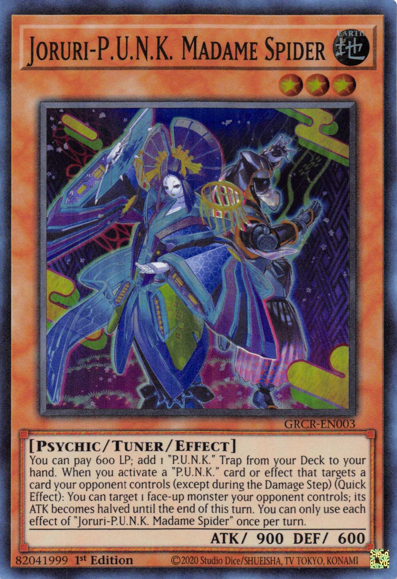 1st Edition, Earth, Psychic, Super Rare, The Grand Creators, Tuner/Effect Monster Joruri-P.U.N.K. Madame Spider [GRCR-EN003] Super Rare - Trading Card World