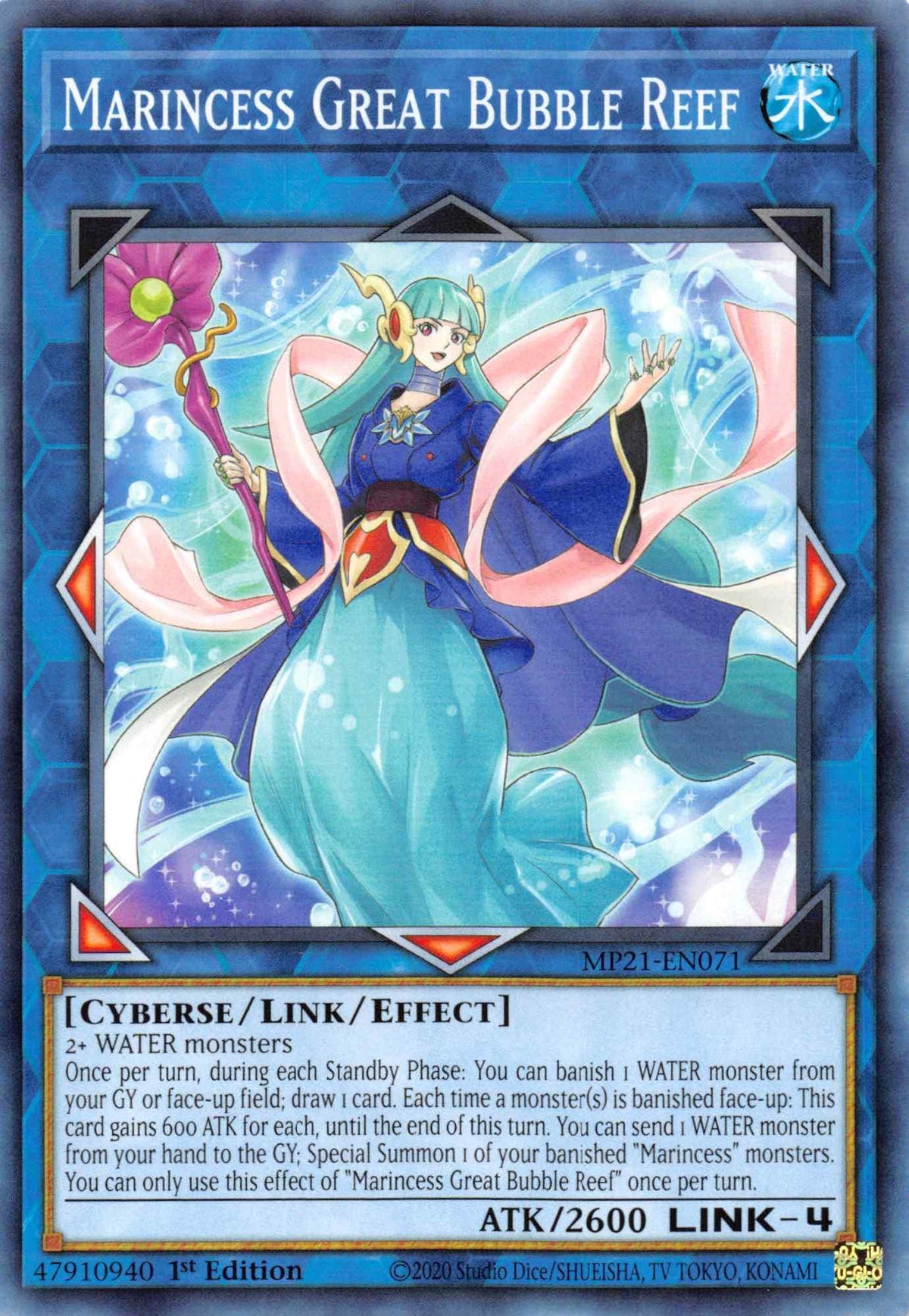 1st Edition, 2021 Tin of Ancient Battles, Common, Cyberse, Link/Effect Monster, Water Marincess Great Bubble Reef [MP21-EN071] Common - Trading Card World