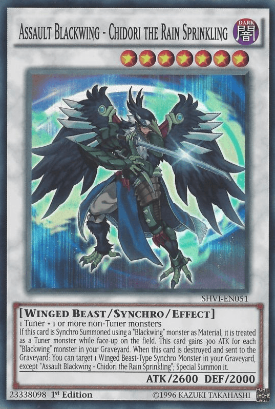 1st Edition, Dark, Shining Victories, Super Rare, Synchro/Effect Monster, Unlimited, Winged Beast Assault Blackwing - Chidori the Rain Sprinkling [SHVI-EN051] Super Rare - Trading Card World