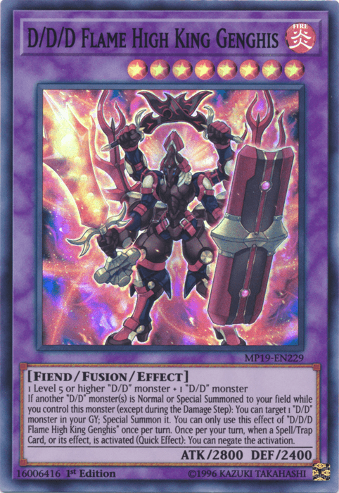 1st Edition, 2019 Gold Sarcophagus Tin Mega Pack, Fiend, Fire, Fusion/Effect Monster, Super Rare, Unlimited D/D/D Flame High King Genghis [MP19-EN229] Super Rare - Trading Card World