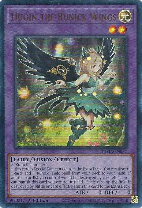 1st Edition, Fairy, Fusion/Effect Monster, Light, Tactical Masters, Ultra Rare Hugin the Runick Wings [TAMA-EN037] Ultra Rare - Trading Card World