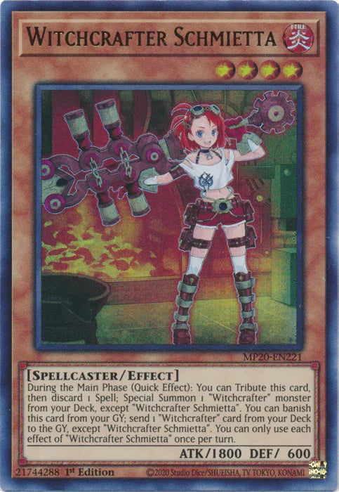 1st Edition, 2020 Tin of Lost Memories, Effect Monster, Fire, Spellcaster, Ultra Rare Witchcrafter Schmietta [MP20-EN221] Ultra Rare - Trading Card World