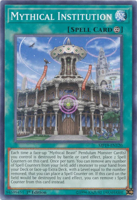 1st Edition, 2019 Gold Sarcophagus Tin Mega Pack, Common, Continuous Spell, Spell, Unlimited Mythical Institution [MP19-EN120] Common - Trading Card World
