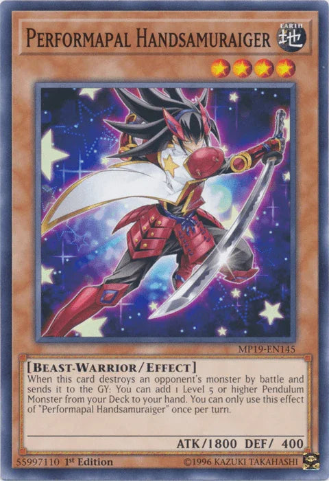 1st Edition, 2019 Gold Sarcophagus Tin Mega Pack, Beast-Warrior, Common, Earth, Effect Monster, Unlimited Performapal Handsamuraiger [MP19-EN145] Common - Trading Card World