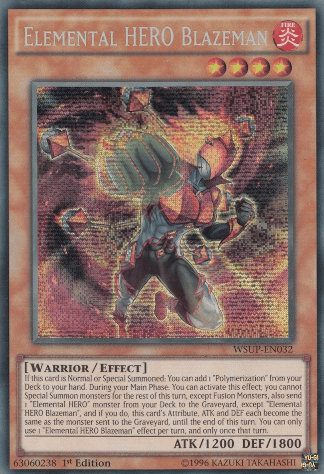 1st Edition, Effect Monster, Fire, Secret Rare, Warrior, World Superstars Elemental HERO Blazeman [WSUP-EN032] Secret Rare - Trading Card World