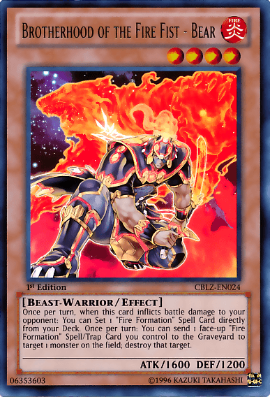 1st Edition, Beast-Warrior, Cosmo Blazer, Effect Monster, Fire, Ultra Rare, Unlimited Brotherhood of the Fire Fist - Bear [CBLZ-EN024] Ultra Rare - Trading Card World
