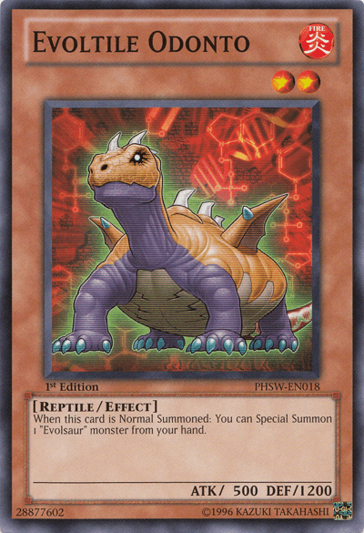 1st Edition, Common, Effect Monster, Fire, Photon Shockwave, Reptile, Unlimited Evoltile Odonto [PHSW-EN018] Common - Trading Card World