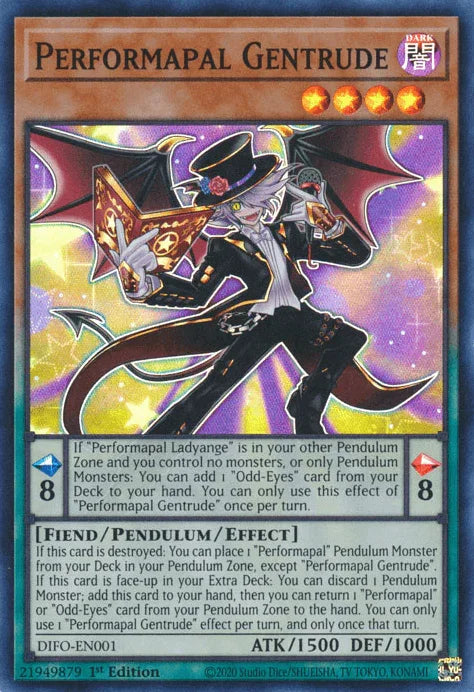 1st Edition, Dark, Dimension Force, Fiend, Pendulum/Effect Monster, Super Rare Performapal Gentrude [DIFO-EN001] Super Rare - Trading Card World