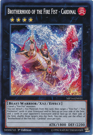 1st Edition, 2014 Mega-Tins Mega Pack, Beast-Warrior, Fire, Secret Rare, Xyz/Effect Monster Brotherhood of the Fire Fist - Cardinal [MP14-EN031] Secret Rare - Trading Card World