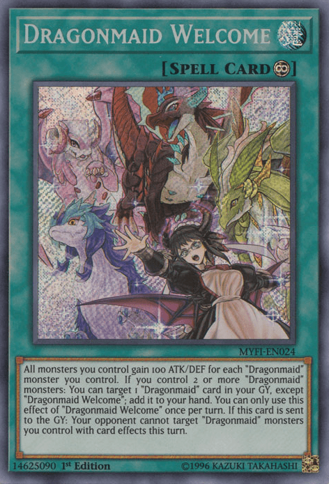 1st Edition, Continuous Spell, Mystic Fighters, Secret Rare, Spell Dragonmaid Welcome [MYFI-EN024] Secret Rare - Trading Card World