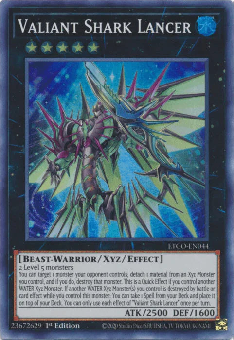 1st Edition, Beast-Warrior, Eternity Code, Super Rare, Water, Xyz/Effect Monster Valiant Shark Lancer [ETCO-EN044] Super Rare - Trading Card World