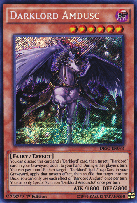 1st Edition, Dark, Destiny Soldiers, Effect Monster, Fairy, Secret Rare Darklord Amdusc [DESO-EN033] Secret Rare - Trading Card World