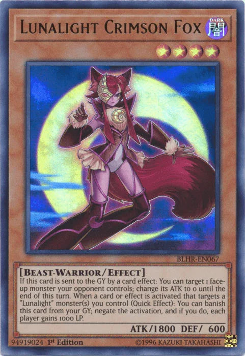 1st Edition, Battles of Legend: Hero's Revenge, Beast-Warrior, Dark, Effect Monster, Ultra Rare Lunalight Crimson Fox [BLHR-EN067] Ultra Rare - Trading Card World