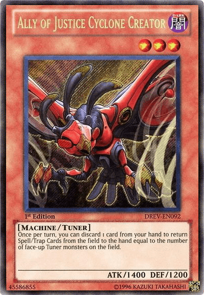 1st Edition, Dark, Duelist Revolution, Machine, Secret Rare, Tuner Monster, Unlimited Ally of Justice Cyclone Creator [DREV-EN092] Secret Rare - Trading Card World