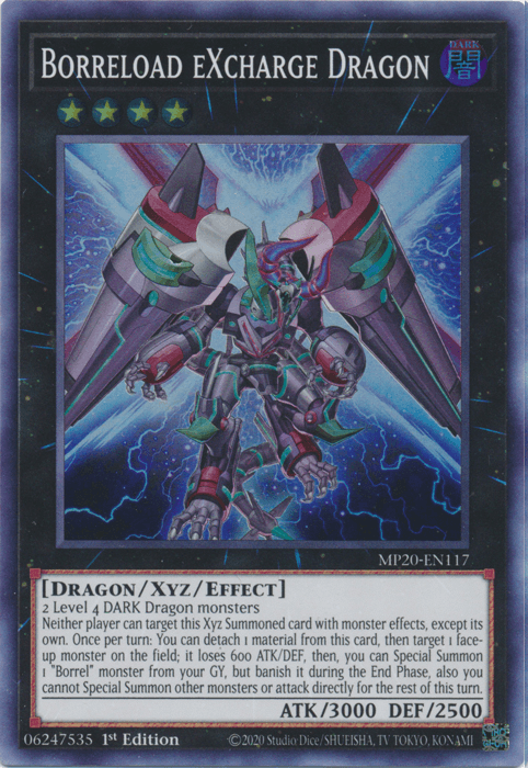 1st Edition, 2020 Tin of Lost Memories, Dark, Dragon, Super Rare, Xyz/Effect Monster Borreload eXcharge Dragon [MP20-EN117] Super Rare - Trading Card World