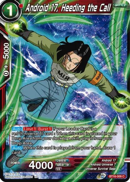 Android 17, Android Universe 7, Battle, BT16-009, Common, Normal, Parallel Foil, Realm of the Gods, Red, Universe Survival Saga Android 17, Heeding the Call (BT16-009) [Realm of the Gods] - Trading Card World