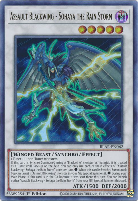 1st Edition, Battles of Legend: Armageddon, Dark, Synchro/Effect Monster, Ultra Rare, Winged Beast Assault Blackwing - Sohaya the Rain Storm [BLAR-EN062] Ultra Rare - Trading Card World
