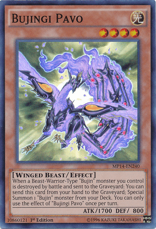 1st Edition, 2014 Mega-Tins Mega Pack, Effect Monster, Light, Super Rare, Winged Beast Bujingi Pavo [MP14-EN240] Super Rare - Trading Card World