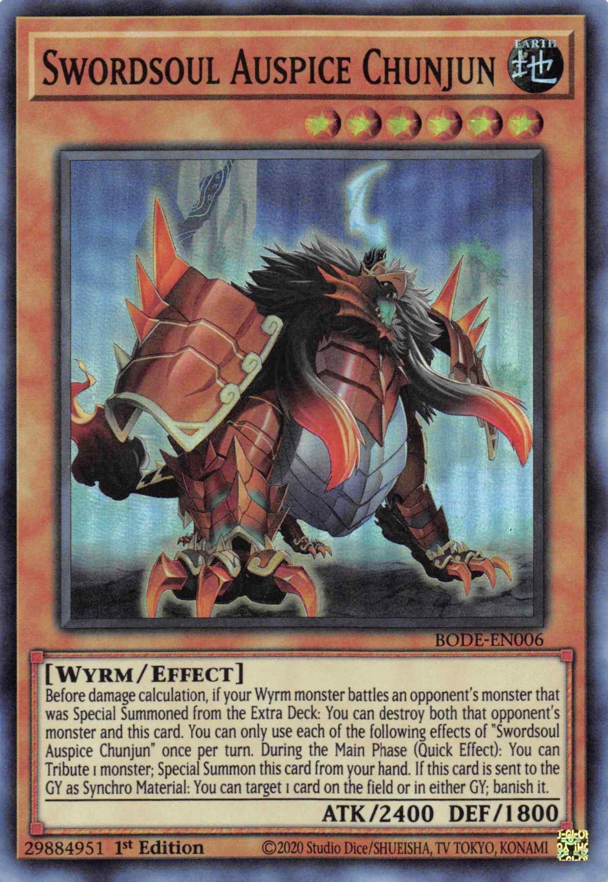 1st Edition, Burst of Destiny, Earth, Effect Monster, Super Rare, Wyrm Swordsoul Auspice Chunjun [BODE-EN006] Super Rare - Trading Card World