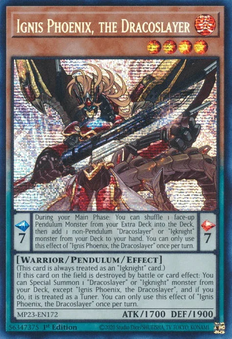 1st Edition, Dueling Heroes Collectors Tin - Mega Pack (25th Anniversary Edition), Fire, Pendulum/Effect Monster, Prismatic Secret Rare, Warrior Ignis Phoenix, the Dracoslayer [MP23-EN172] Prismatic Secret Rare - Trading Card World