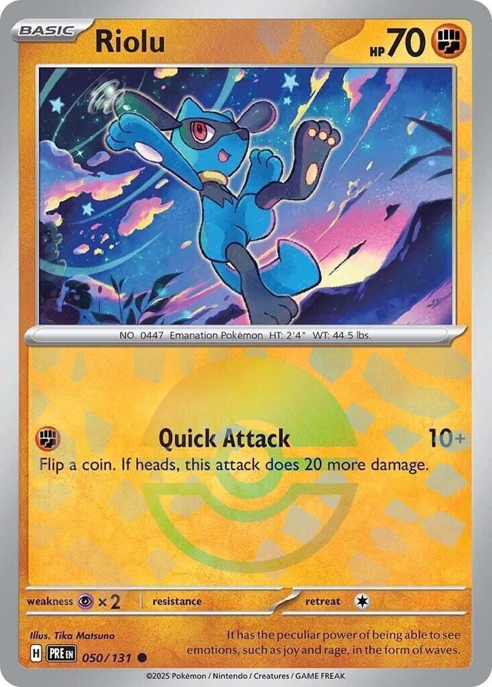 050, Common, Fighting, Holofoil, Psychic [x2], Scarlet & Violet: Prismatic Evolutions Riolu (050/131) (Poke Ball Pattern) [Scarlet & Violet: Prismatic Evolutions] - Trading Card World