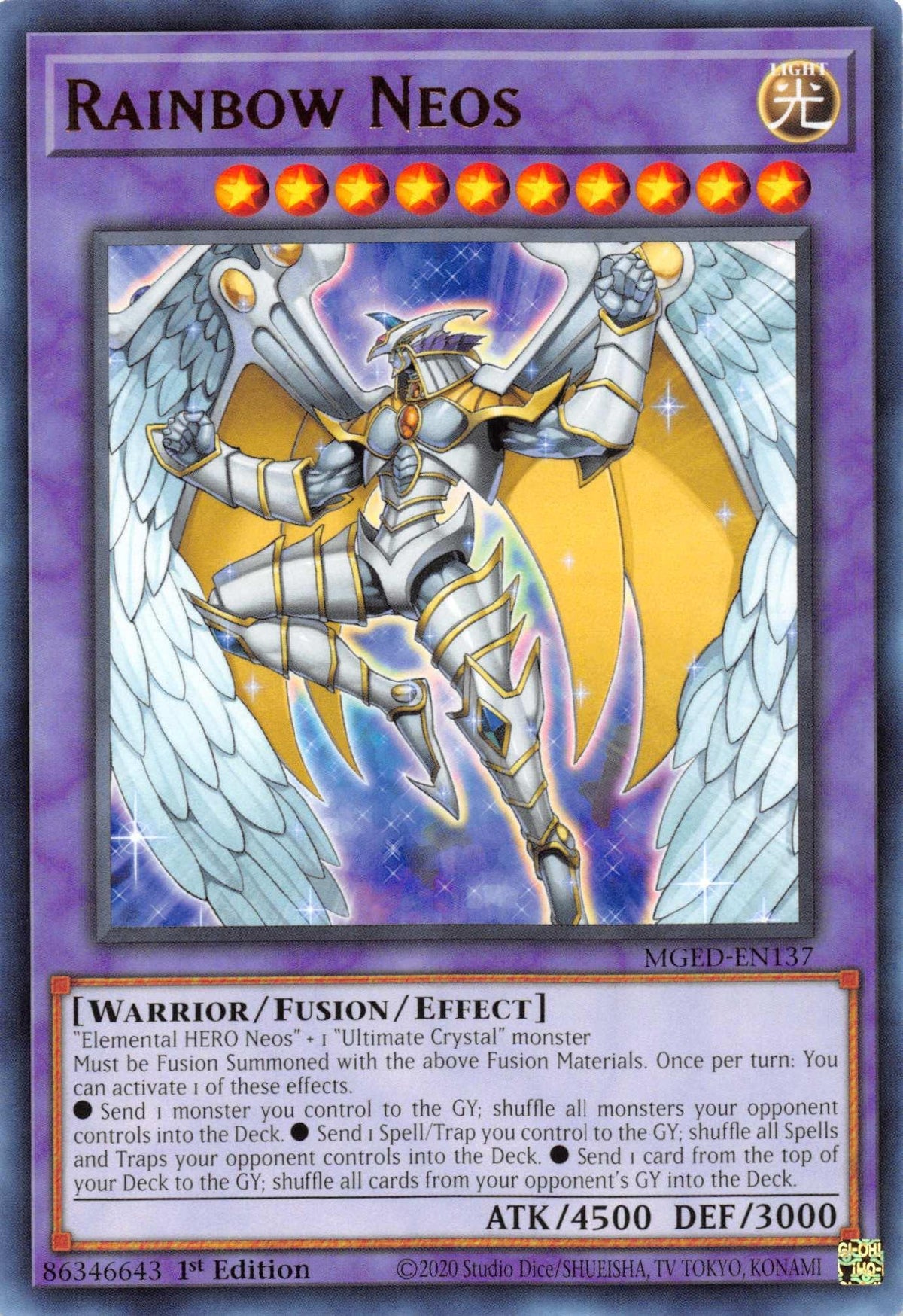 1st Edition, Fusion/Effect Monster, Light, Maximum Gold: El Dorado, Rare, Warrior Rainbow Neos [MGED-EN137] Rare - Trading Card World