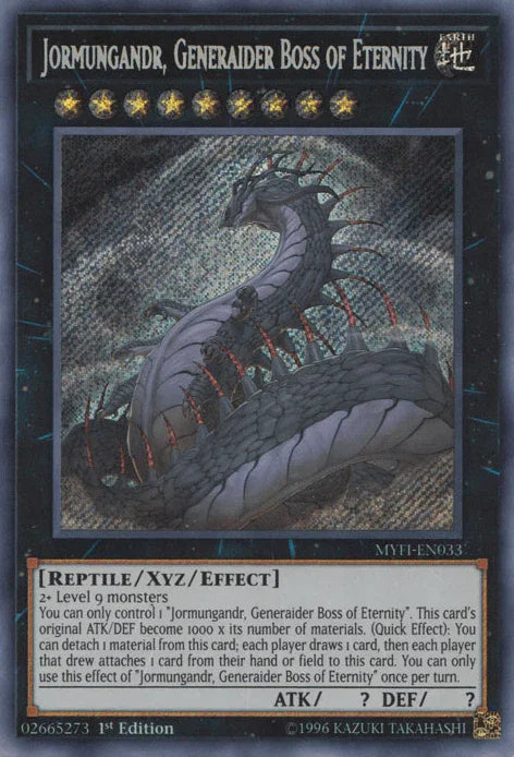 1st Edition, Earth, Mystic Fighters, Reptile, Secret Rare, Xyz/Effect Monster Jormungandr, Generaider Boss of Eternity [MYFI-EN033] Secret Rare - Trading Card World