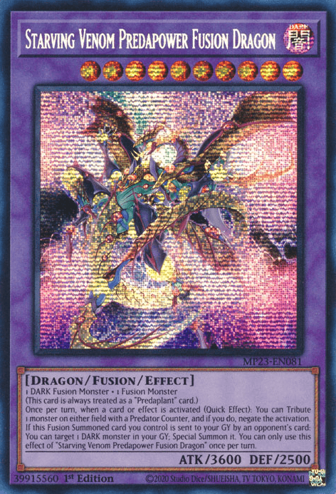 1st Edition, Dark, Dragon, Dueling Heroes Collectors Tin - Mega Pack (25th Anniversary Edition), Fusion/Effect Monster, Prismatic Secret Rare Starving Venom Predapower Fusion Dragon [MP23-EN081] Prismatic Secret Rare - Trading Card World
