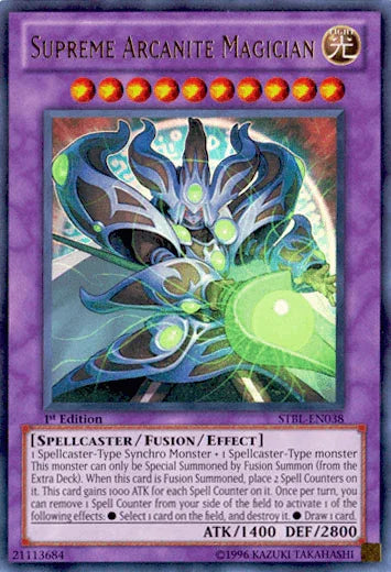 1st Edition, Fusion/Effect Monster, Light, Spellcaster, Starstrike Blast, Ultra Rare Supreme Arcanite Magician [STBL-EN038] Ultra Rare - Trading Card World