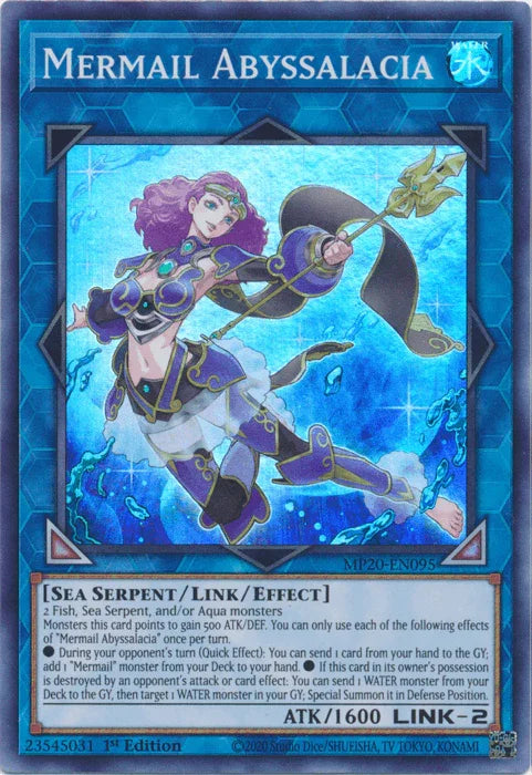 1st Edition, 2020 Tin of Lost Memories, Link/Effect Monster, Sea Serpent, Super Rare, Water Mermail Abyssalacia [MP20-EN095] Super Rare - Trading Card World