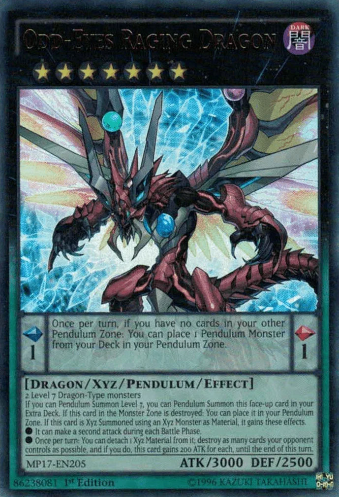 1st Edition, 2017 Mega-Tins Mega Pack, Dark, Dragon, Ultra Rare, Xyz/Pendulum/Effect Monster Odd-Eyes Raging Dragon [MP17-EN205] Ultra Rare - Trading Card World