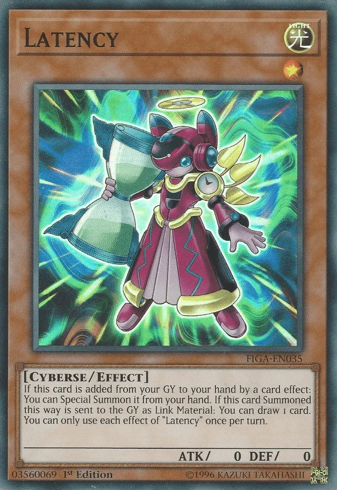 1st Edition, Cyberse, Effect Monster, Fists of the Gadgets, Light, Super Rare Latency [FIGA-EN035] Super Rare - Trading Card World