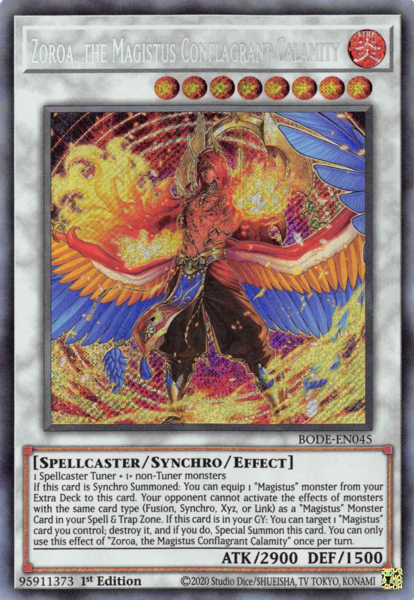 1st Edition, Burst of Destiny, Fire, Secret Rare, Spellcaster, Synchro/Effect Monster Zoroa, the Magistus Conflagrant Calamity [BODE-EN045] Secret Rare - Trading Card World