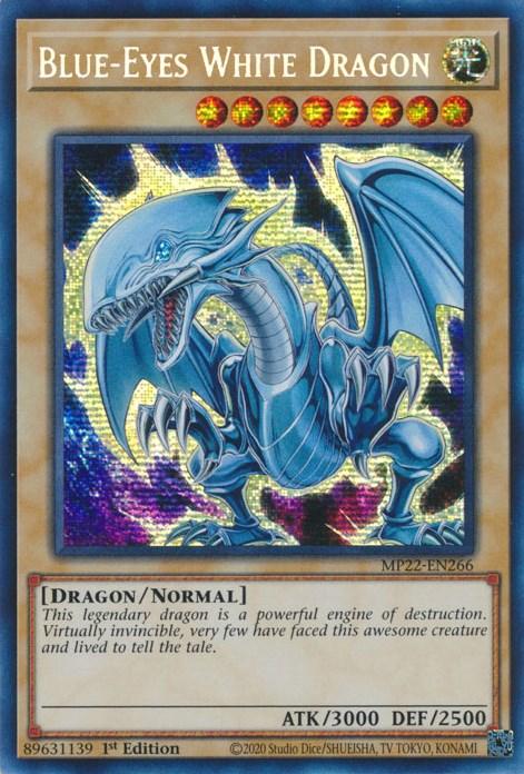 1st Edition, 2022 Tin of the Pharaoh's Gods, Dragon, Light, Normal Monster, Prismatic Secret Rare Blue-Eyes White Dragon [MP22-EN266] Prismatic Secret Rare - Trading Card World