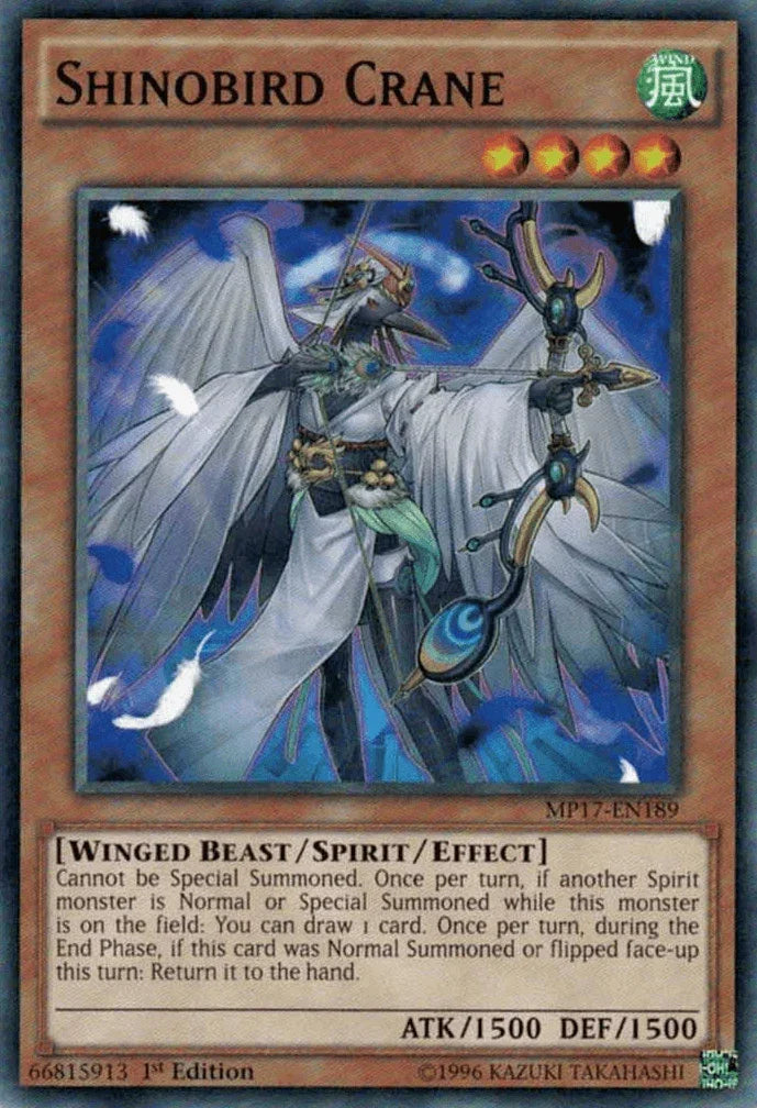 1st Edition, 2017 Mega-Tins Mega Pack, Common, Spirit/Effect Monster, Wind, Winged Beast Shinobird Crane [MP17-EN189] Common - Trading Card World