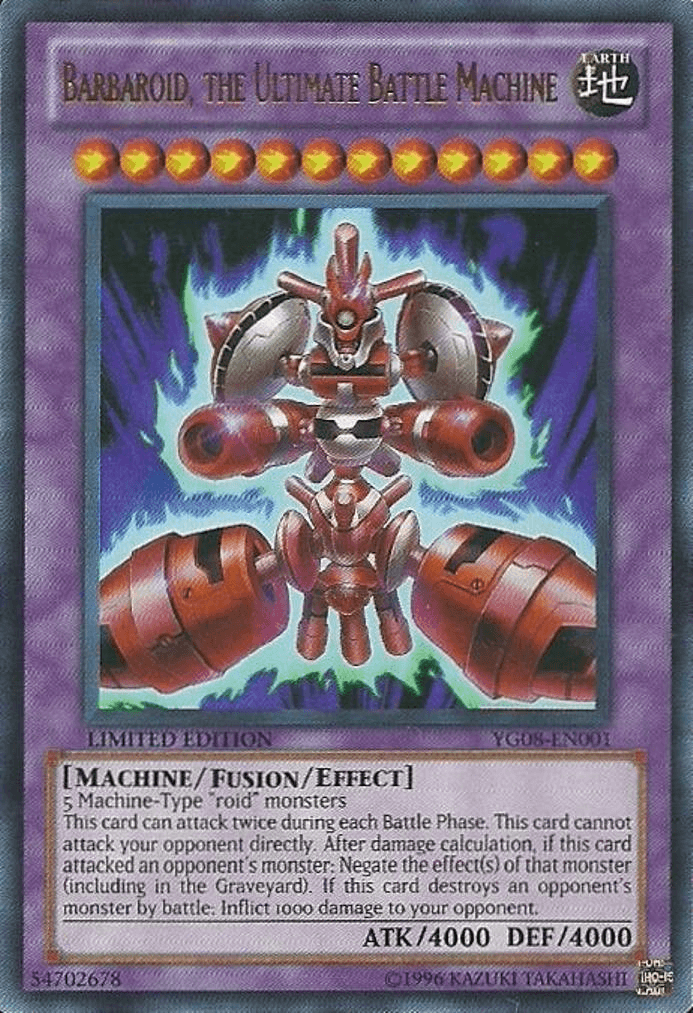 Earth, Fusion/Effect Monster, GX Manga Promotional Cards, Limited, Machine, Ultra Rare Barbaroid, the Ultimate Battle Machine [YG08-EN001] Ultra Rare - Trading Card World