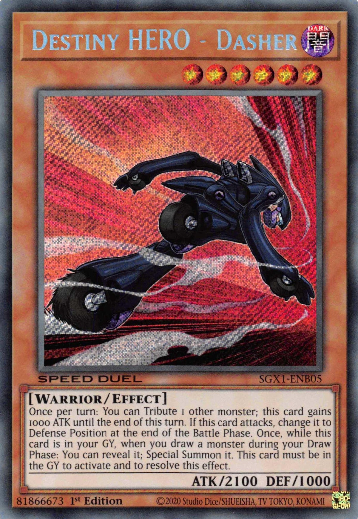 1st Edition, Dark, Effect Monster, Secret Rare, Speed Duel GX: Duel Academy Box, Warrior Destiny HERO - Dasher [SGX1-ENB05] Secret Rare - Trading Card World