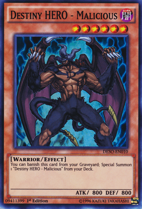 1st Edition, Dark, Destiny Soldiers, Effect Monster, Super Rare, Warrior Destiny HERO - Malicious [DESO-EN010] Super Rare - Trading Card World