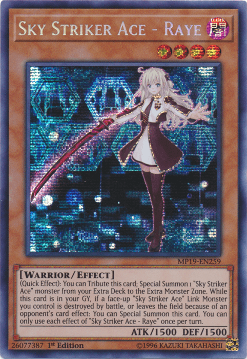 1st Edition, 2019 Gold Sarcophagus Tin Mega Pack, Dark, Effect Monster, Prismatic Secret Rare, Unlimited, Warrior Sky Striker Ace - Raye [MP19-EN259] Prismatic Secret Rare - Trading Card World